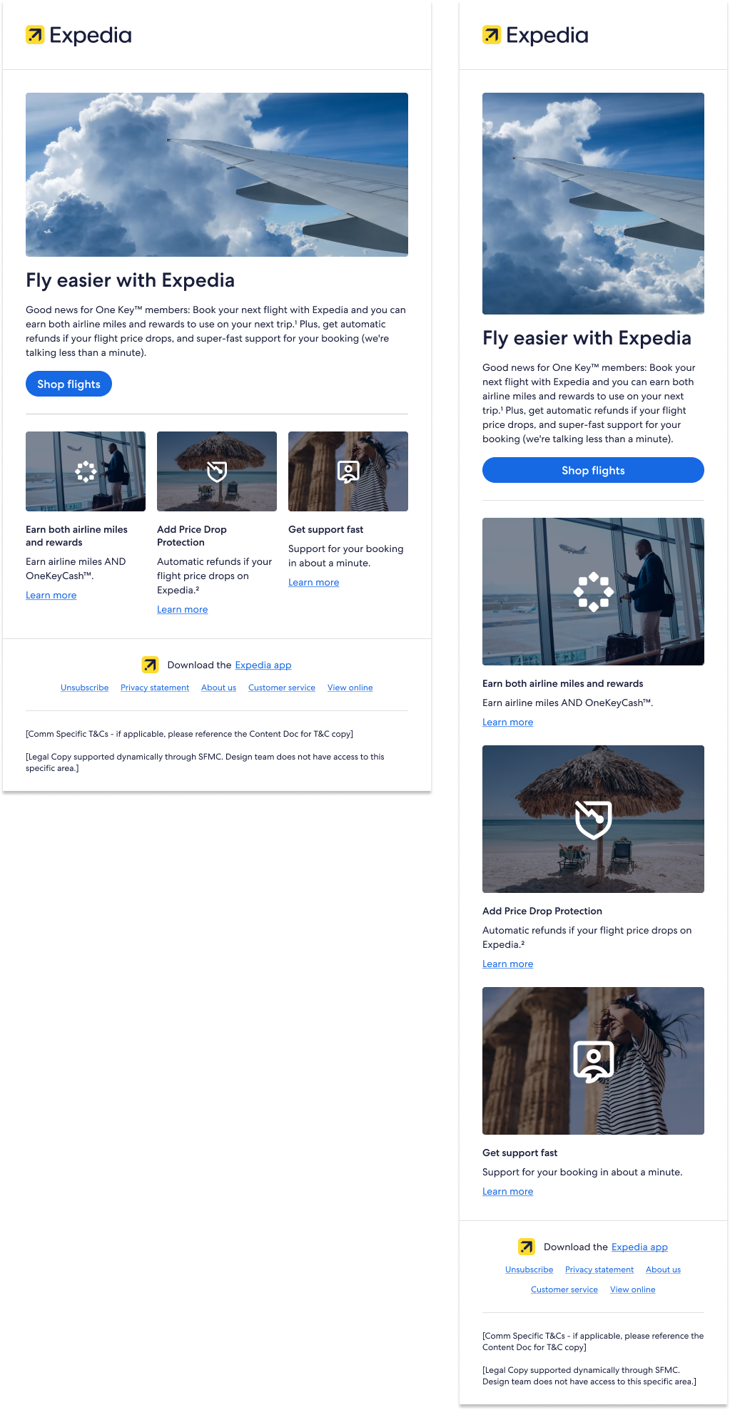 Expedia Flights Education US Email Mocks for Desktop and Mobile