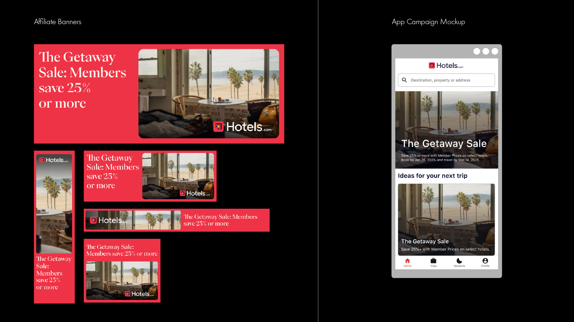 Hotels.com Getaway Sale Affiliate Ads and App Campaign Mockups