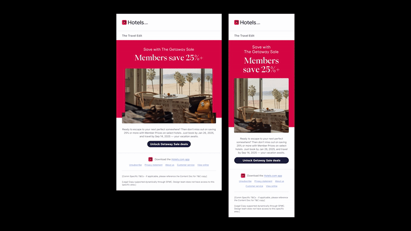 Hotels.com Getaway Sale Email Reminder Mockups