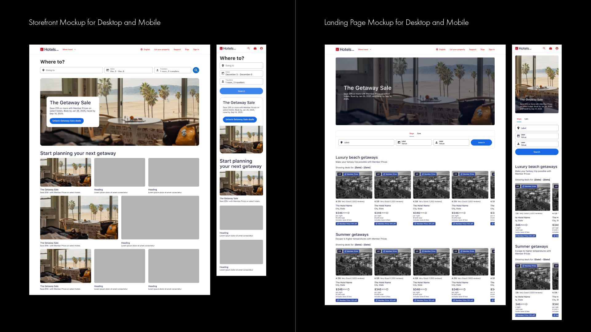 Hotels.com Getaway Sale Storefront and Landing Page Mockups