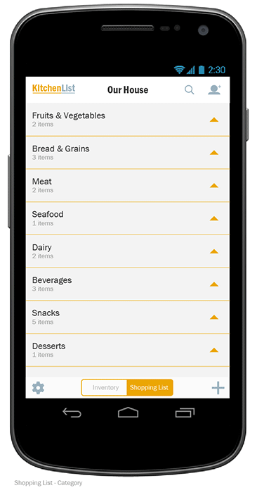 KitchenList App, Wireframe, Shopping List, Part 1, 2015