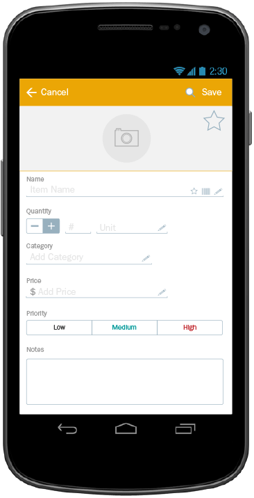 KitchenList App, Wireframe, Shopping List, Add Item, 2015