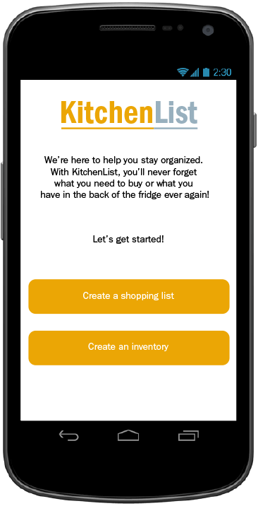 KitchenList App, Wireframe, Shopping List, Tool Tips, First Time User. User Experience Studies, 2015